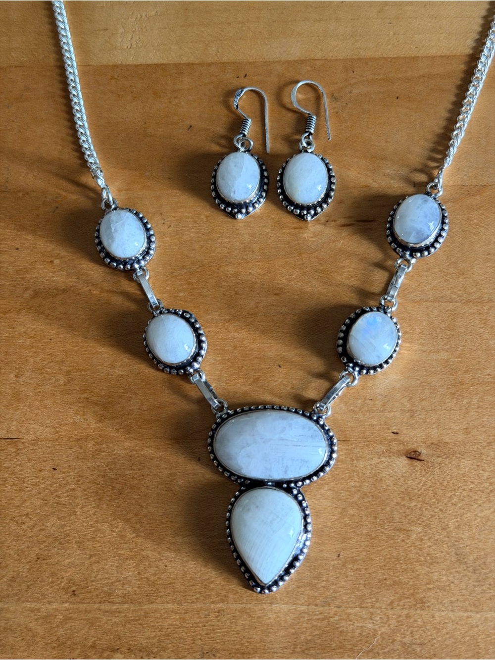 Lovely Moonstone Teardrop Pendant Necklace & Earrings Set - 925 Plated/Stamped